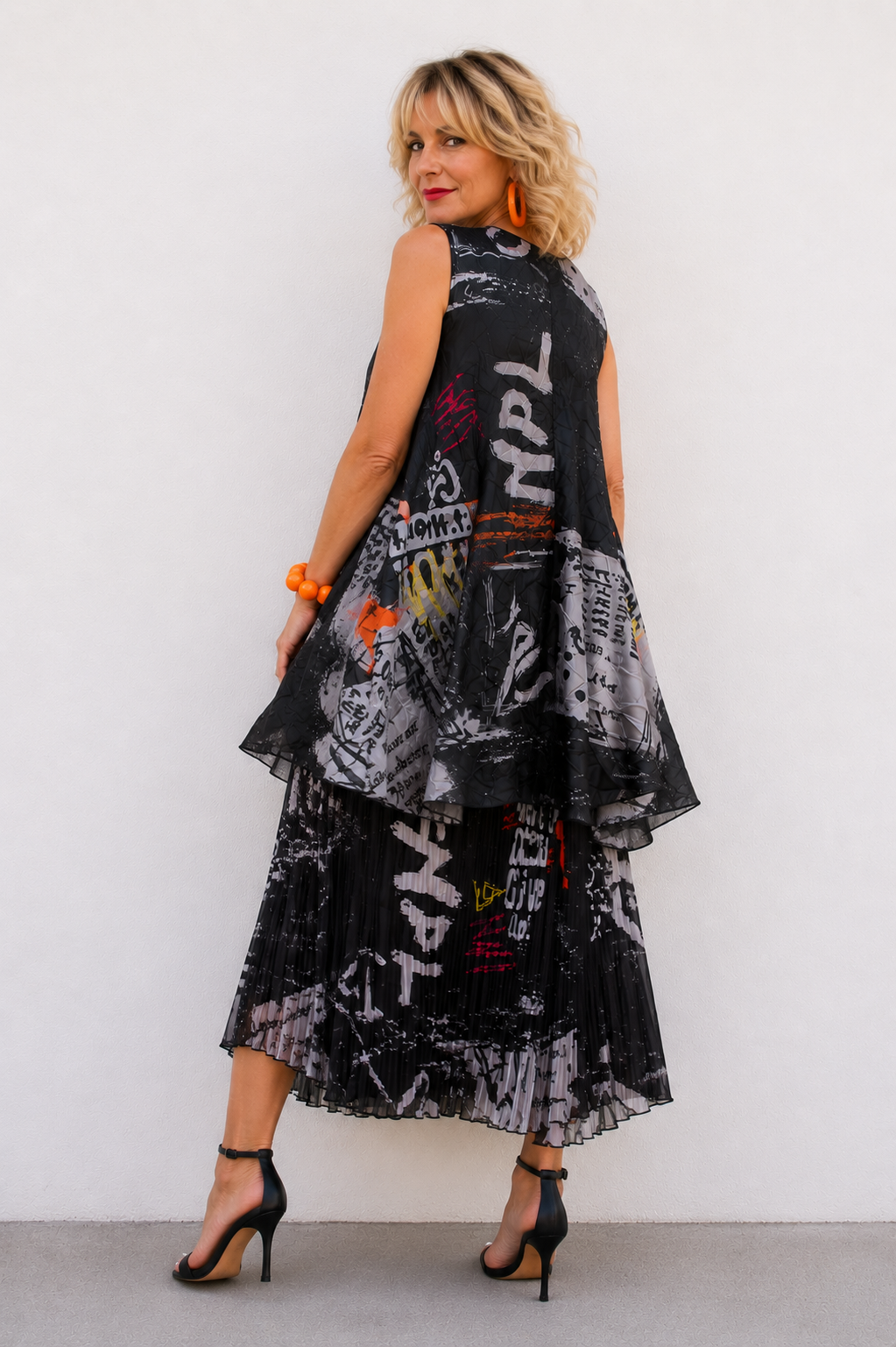 Pleated Graffiti Layered Dress