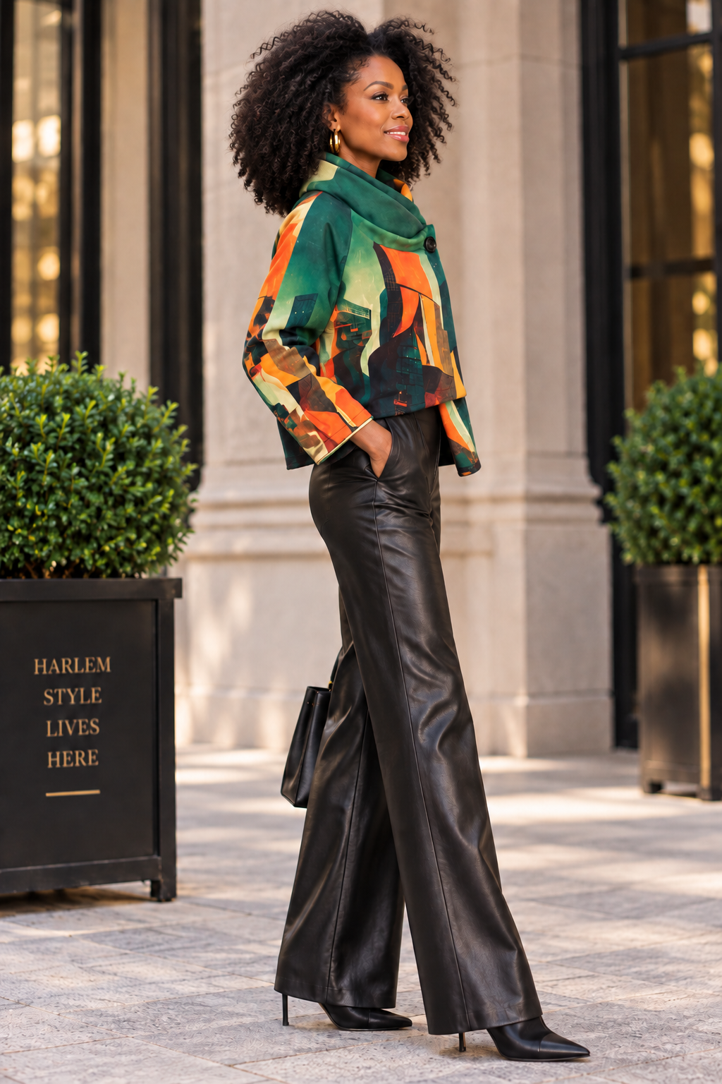 Cowl-Neck Cropped Jacket – Emerald & Orange Art Print