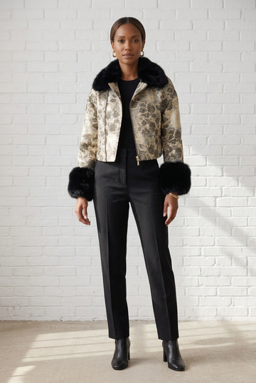 Rose Brocade Faux Fur-Trim Jacket