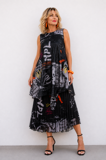 Pleated Graffiti Layered Dress