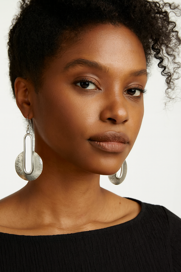 Pewter Hammered Oval Drop Earrings-FKU158