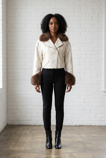 Gold Brocade Faux Fur-Trim Moto Jacket