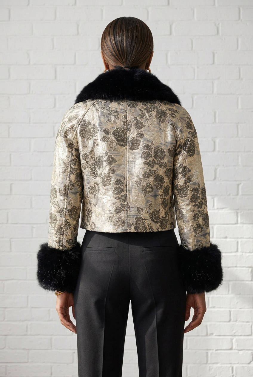 Rose Brocade Faux Fur-Trim Jacket