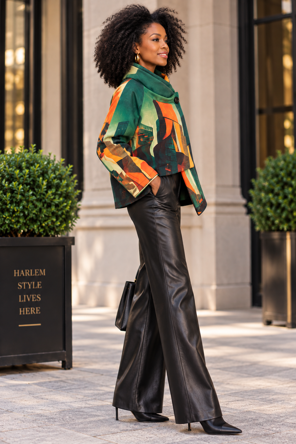 Cowl-Neck Cropped Jacket – Emerald & Orange Art Print