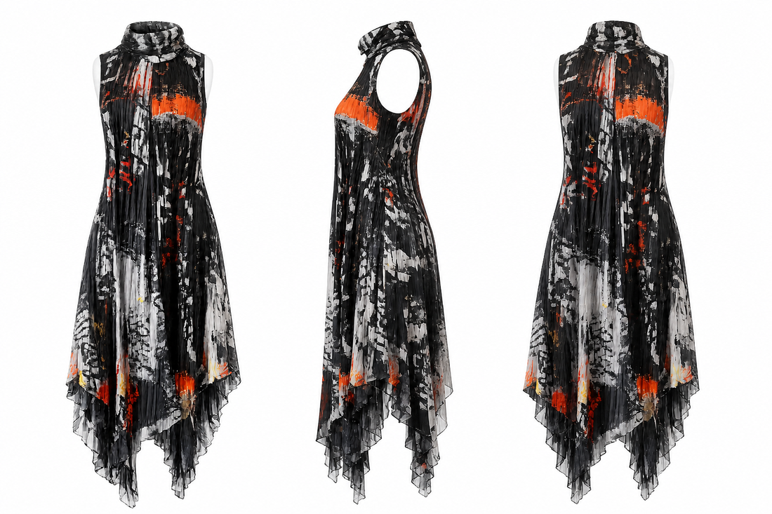 Asymmetrical Pleated High-Neck Dress