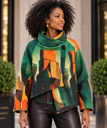 Cowl-Neck Cropped Jacket – Emerald & Orange Art Print