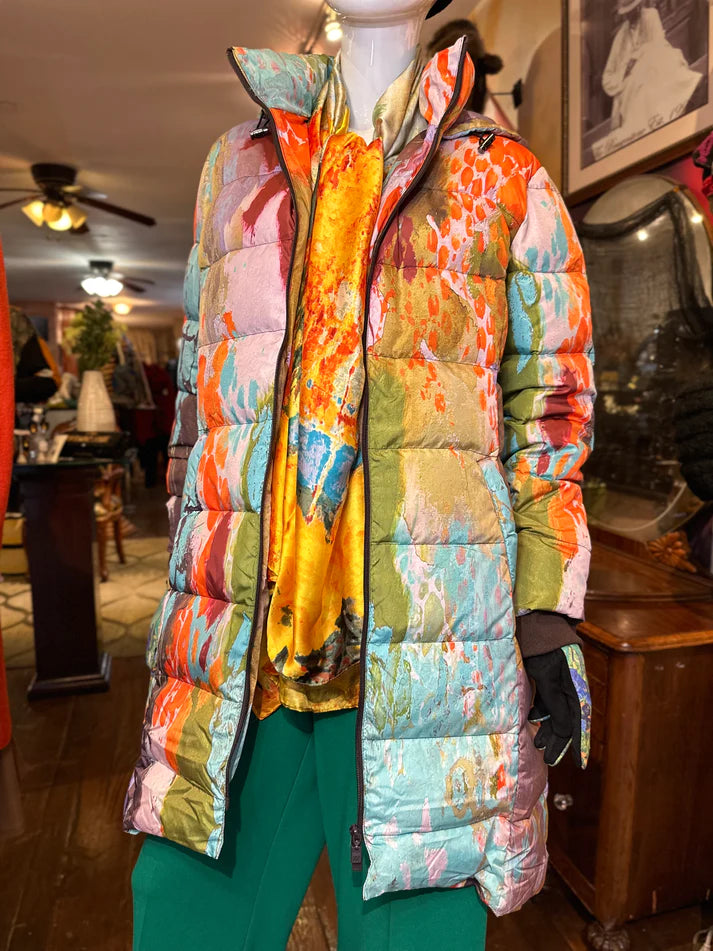 A rainbow puffer coat with hood and half belt