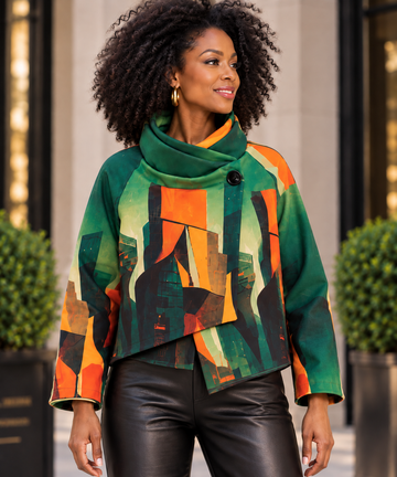 Cowl-Neck Cropped Jacket – Emerald & Orange Art Print