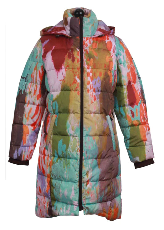 A rainbow puffer coat with hood and half belt