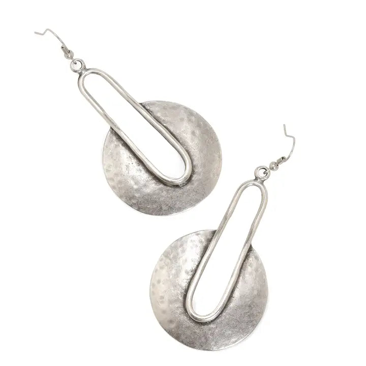 Pewter Hammered Oval Drop Earrings-FKU158