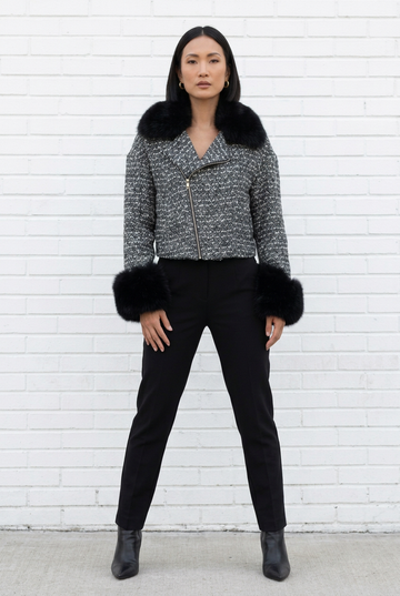 Tweed Faux Fur-Trim Moto Jacket