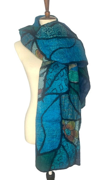 Handcrafted Silk Sari &amp; Wool-Felted Scarf – Shades of Blue